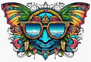 Colorful Mayan sunglasses reflecting water and bats tattoo idea