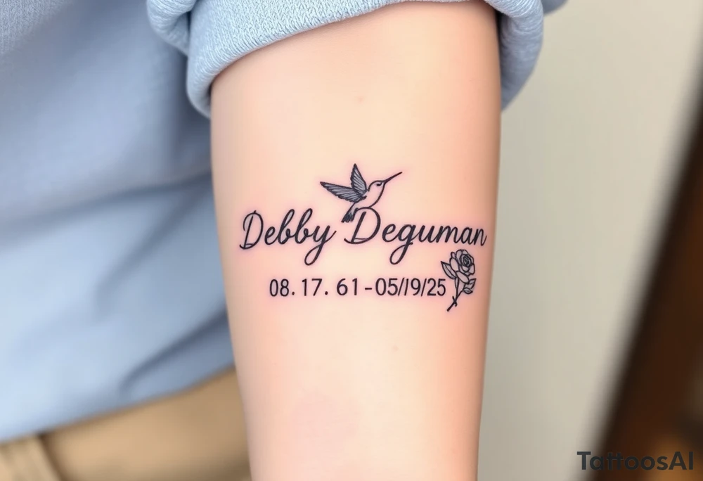Tattoo of the exact name Debby Deguzman in chunky curly cursive with the exact dates of 08/17/61-05/29/25 surrounded by 1 hummingbird and 1 rose tattoo idea