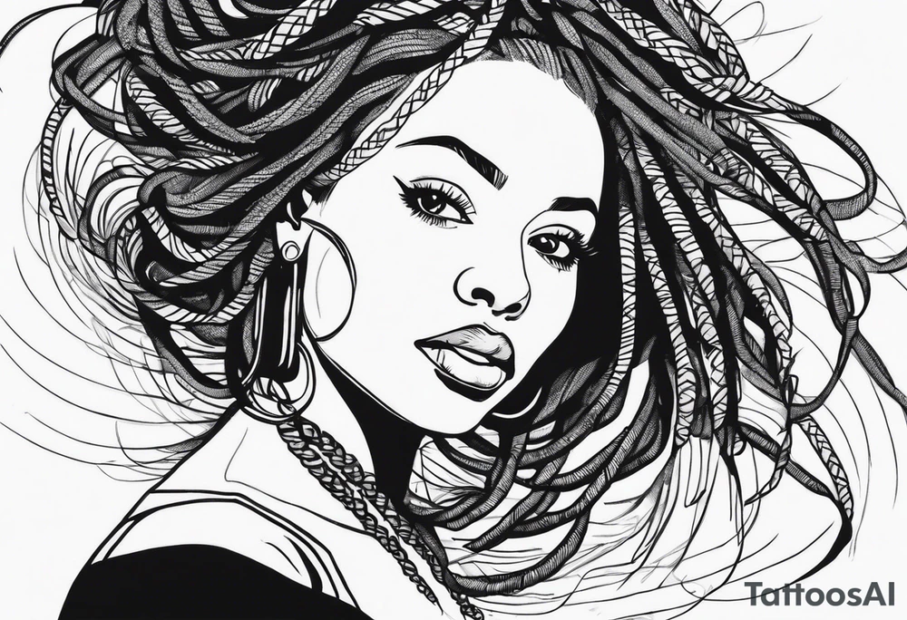 Draw a women head with real dread locks flying in the air, all hair should be to see tattoo idea