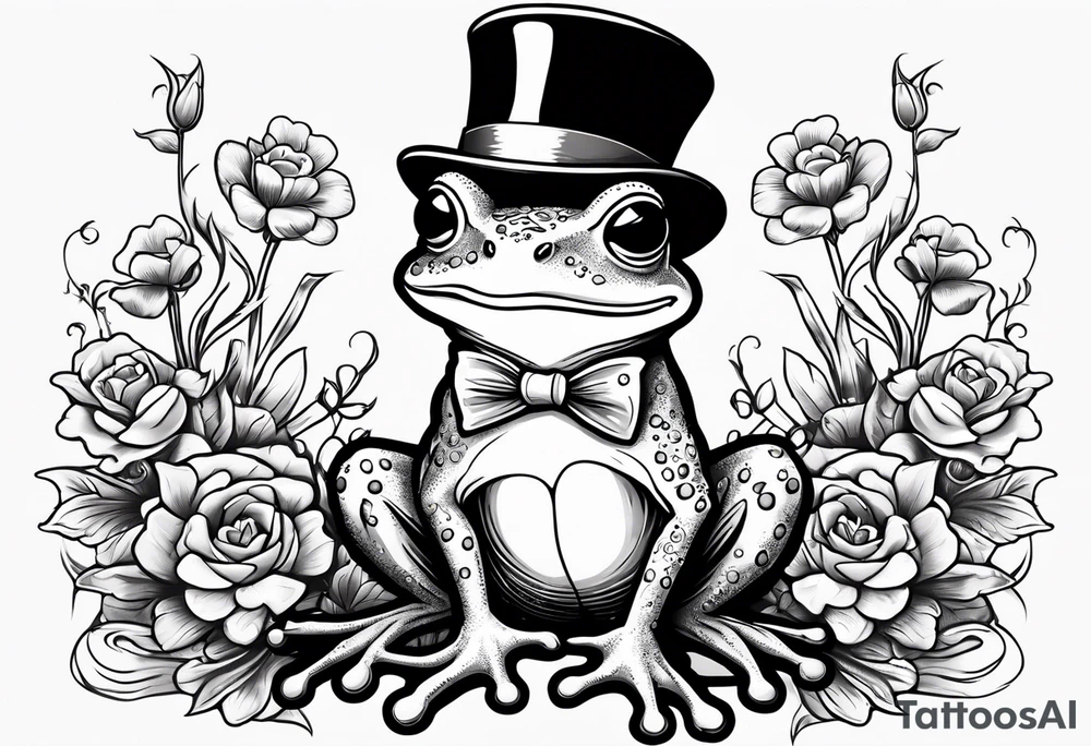 Cute Frog standing on back legs  in a top hat holding flowers to go on a date tattoo idea