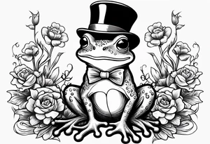 Cute Frog standing on back legs  in a top hat holding flowers to go on a date tattoo idea