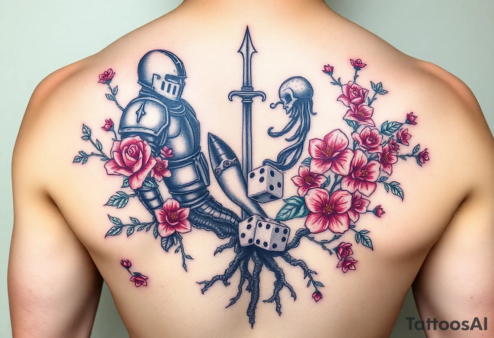 knight and squid intertwined with climbing roses and tree roots with cherry blossoms rolling dice tattoo idea