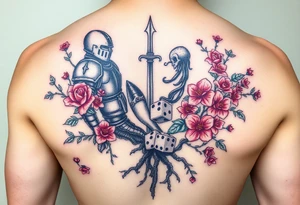 knight and squid intertwined with climbing roses and tree roots with cherry blossoms rolling dice tattoo idea