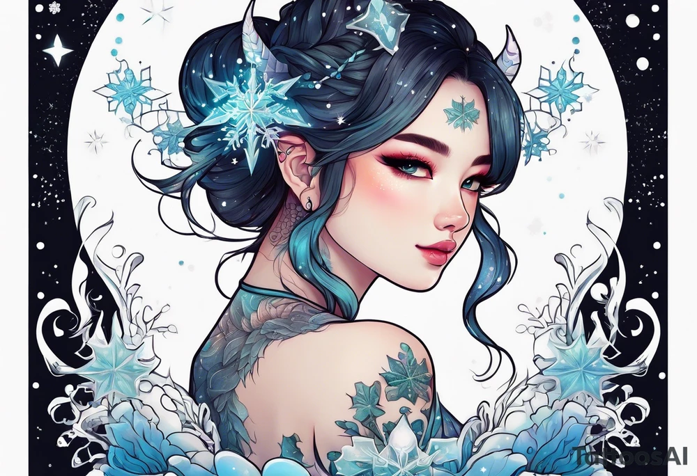 Constellation, kawaii dragon girl , snowflake tattoo idea