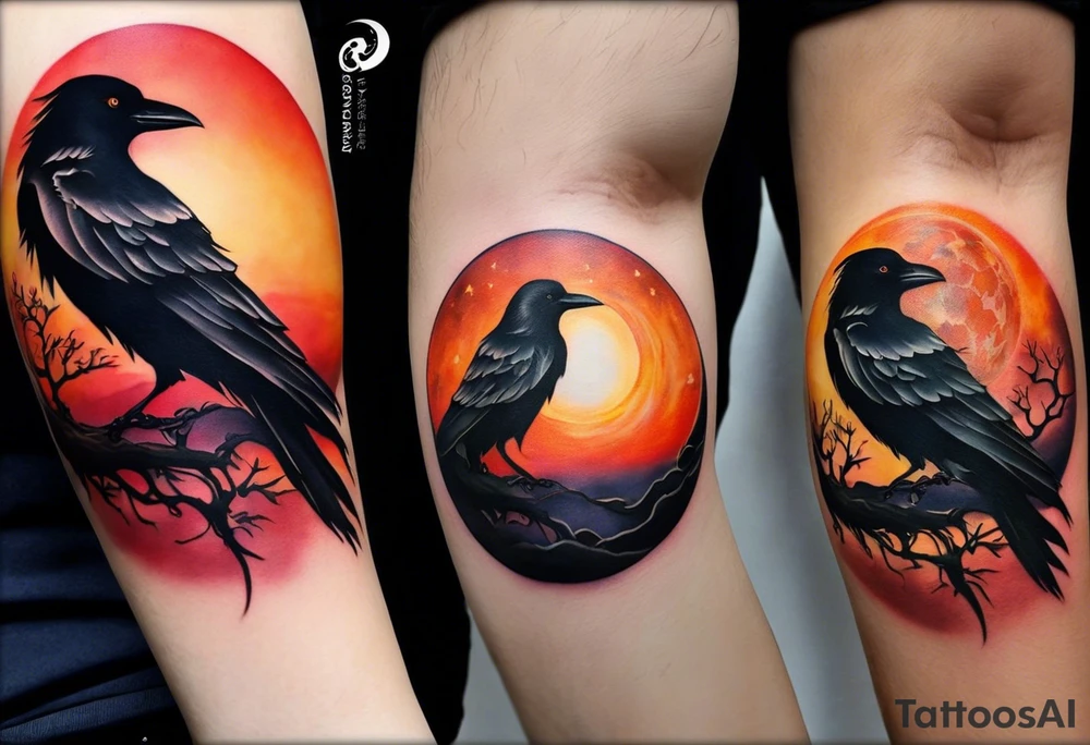 Ying-yang tattoo on your forearm, where one side captures the beauty of the night sky with a full moon, and the other side showcases the warm hues of a sunset. The moon side features a stunning depiction of a crow in flight, adding a touch of magic and wonder to the design. On the sunset side, the silhouettes of a man, woman, and two teenage boys walking create a sense of togetherness and family. Around the circle the words "When Life is hard, you have to change" are written in child's writing tattoo idea