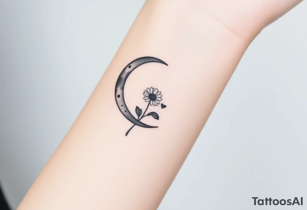 Small black and white tattoo waxing crescent moon with small Daisy birth flower and tiny Leo gliph tattoo idea