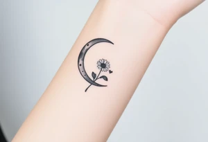 Small black and white tattoo waxing crescent moon with small Daisy birth flower and tiny Leo gliph tattoo idea
