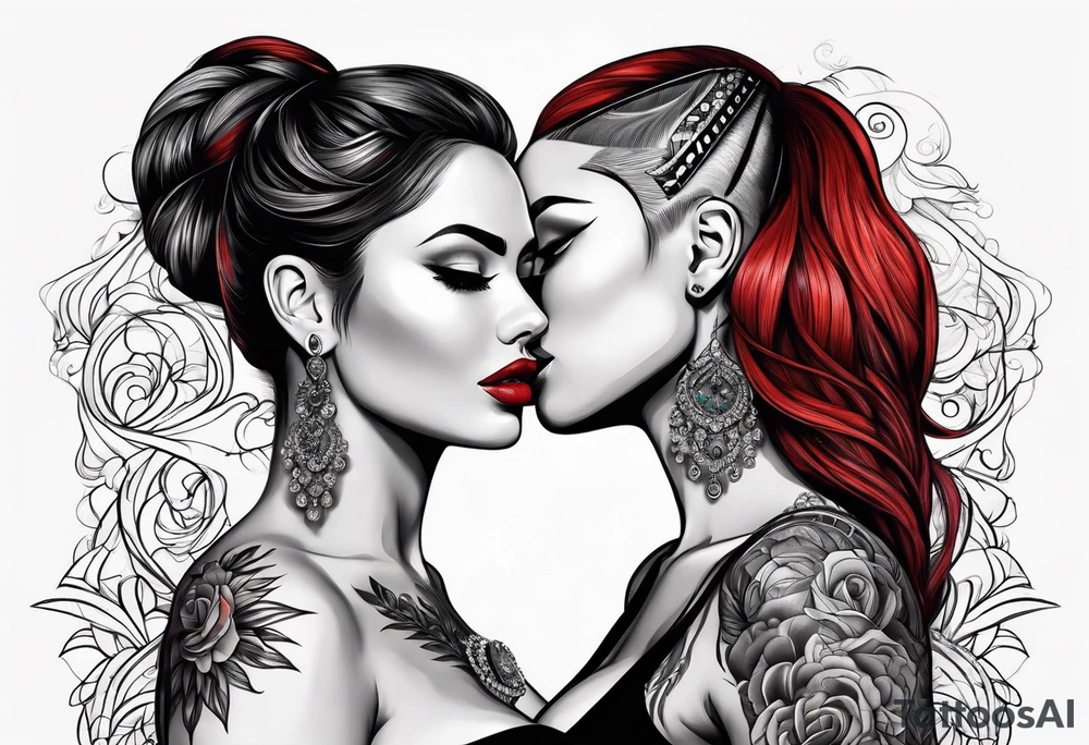 Busty red hair woman with bearded black hair man tattoo idea