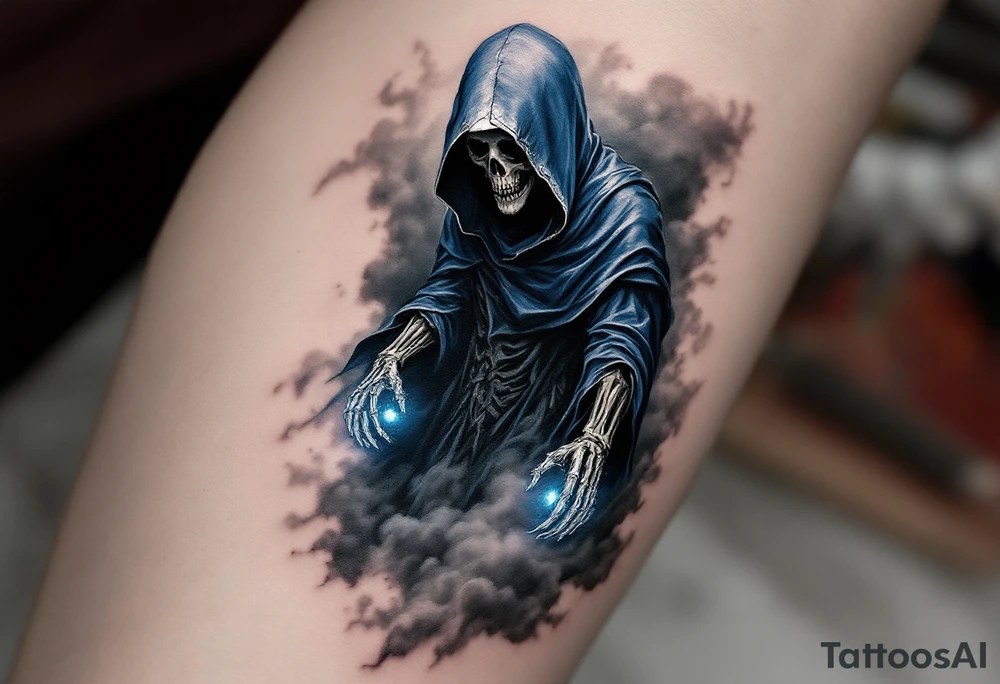 A blue-hooded Grim Reaper stepping out of a smoky gray mist with glowing white skeletal hands. tattoo idea
