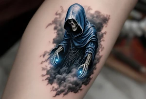 A blue-hooded Grim Reaper stepping out of a smoky gray mist with glowing white skeletal hands. tattoo idea