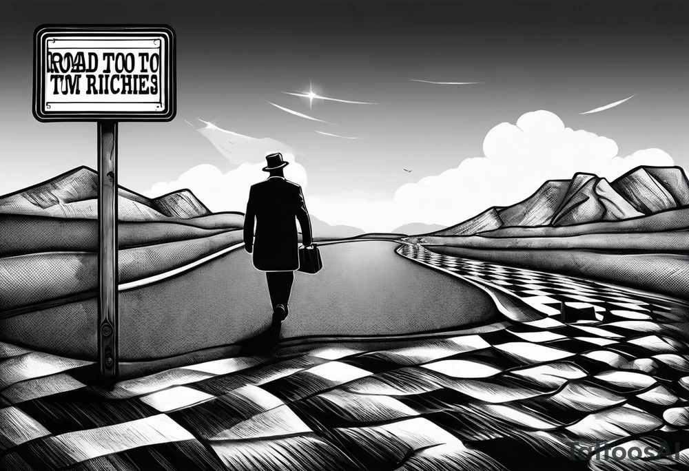 a road sign that say road to riches with a person walkin on a chessboard tattoo idea