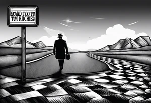a road sign that say road to riches with a person walkin on a chessboard tattoo idea