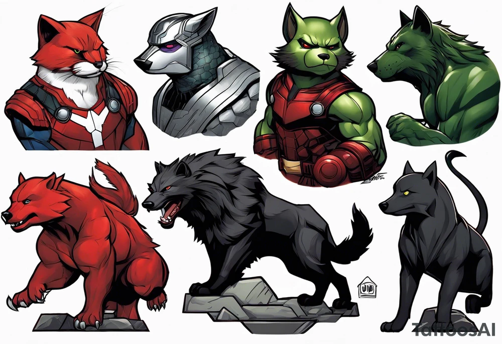I want to change Avengers Team characters with animals. Hulk will be Badger, Thor will be Alpha Grey Wolf, Captain America will be Bull, Iron Man will be Canary, Black Widow will be Axolotl, Hawk Eye will be Sudan Plated Lizard and Nick Fury will be Cat. tattoo idea