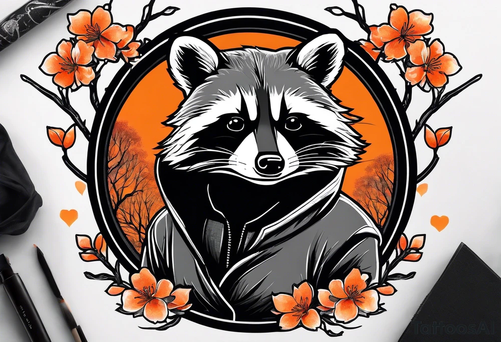 Raccoon wearing a white Superman logo on a black hoodie and orange Japanese cherry blossoms tattoo idea