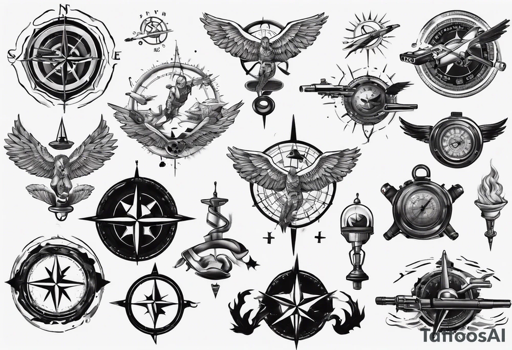skydiving, shooting guns, compass, adventure tattoo idea