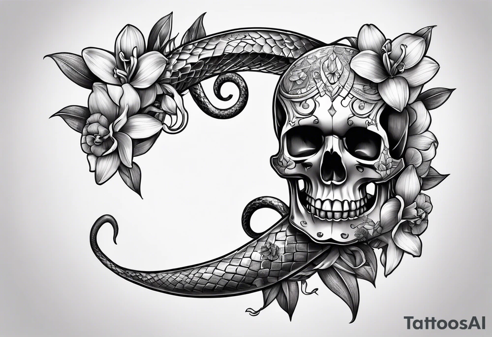 Snake wrapped around dagger, orchids and skulls tattoo idea