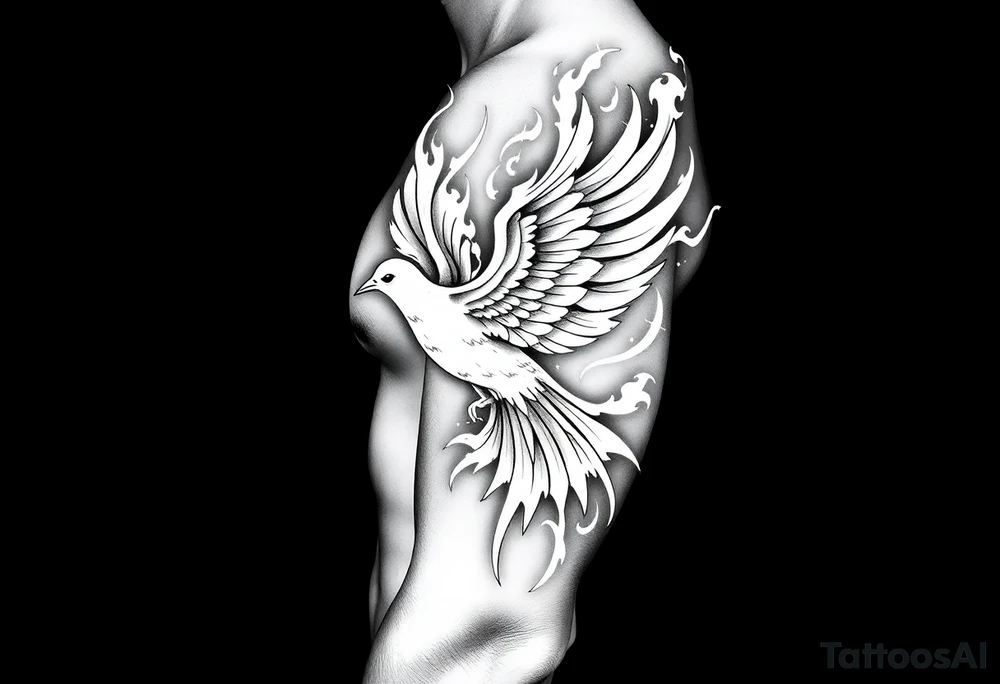 White dove of fire with the names of God and the Characteristics of the Holy Spirit tattoo idea