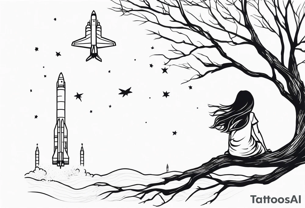 back of small girl in dress with long hair sitting on a tree branch watching a space shuttle launch in the distance tattoo idea