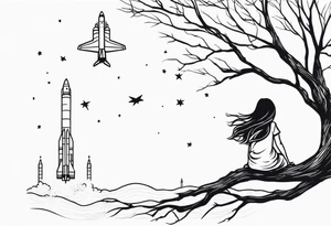 back of small girl in dress with long hair sitting on a tree branch watching a space shuttle launch in the distance tattoo idea