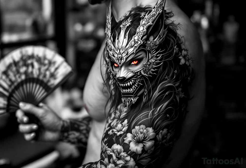 japanese samurai woman with red eyes wearing a kitsune half-mask and holding a fan with irises flowers ornement tattoo idea