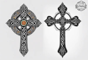 Celtic cross, shamrock in center of cross, one Indian feather hanging from each side arm of cross tattoo idea