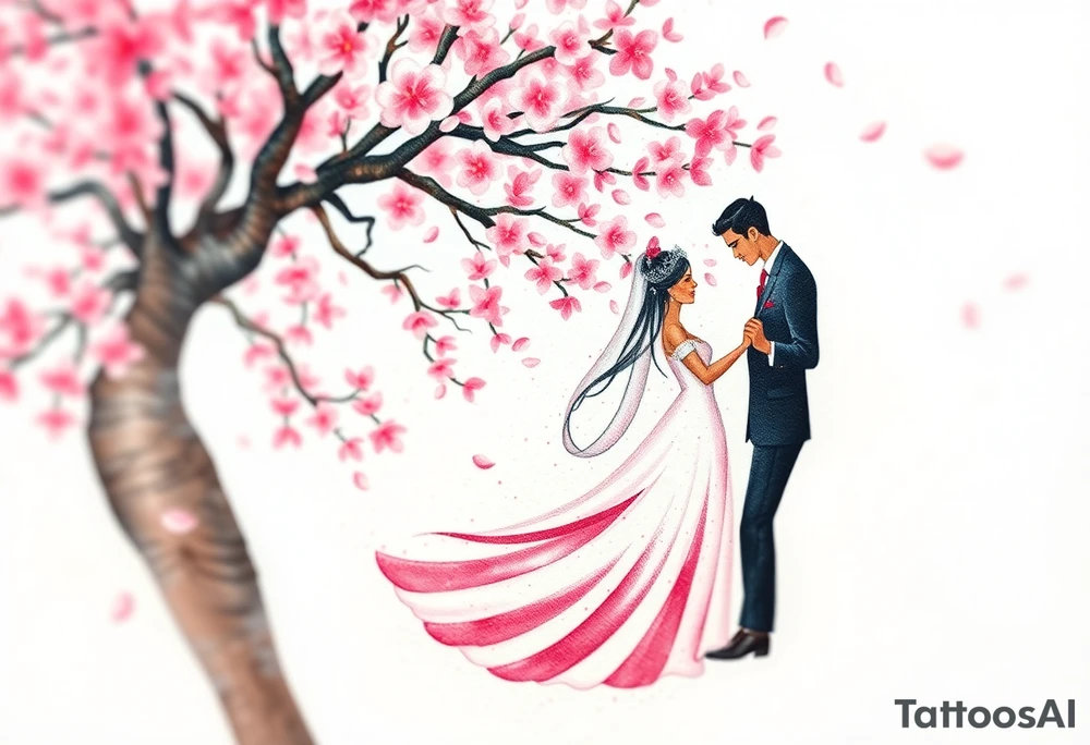 A watercolor-style bride and groom dancing under a soft pink cherry blossom tree, with delicate petals falling around them tattoo idea
