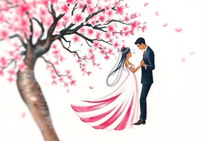 A watercolor-style bride and groom dancing under a soft pink cherry blossom tree, with delicate petals falling around them tattoo idea