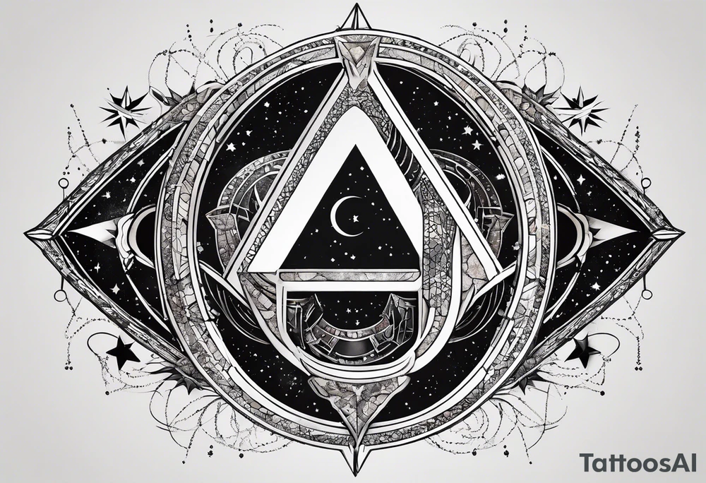 Matter, energy, space and time with an old stone theta symbol with stars in the background and Scorpio constellation tattoo idea