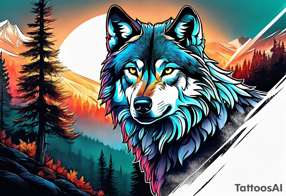 wolf mountain forest tattoo idea