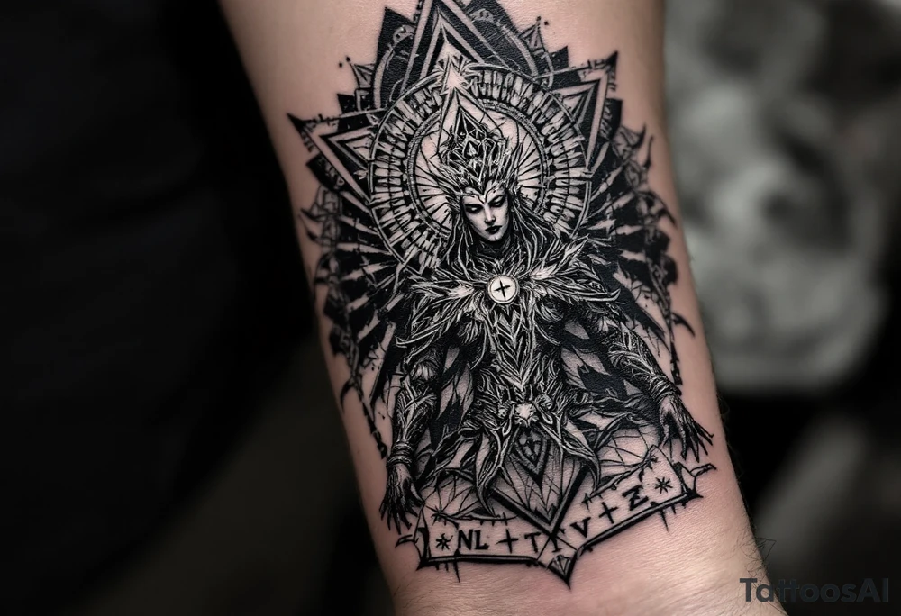 dmt enlightenment deity with sacred geometry behind tattoo idea