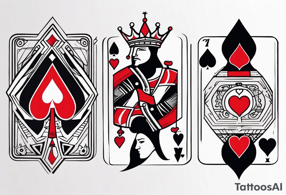 one combined tatto in minimalistic style with icon style three king of spades and icon style one queen of hearts. extreme minimalstic and few lines. much more minimalistic and fewer lines tattoo idea