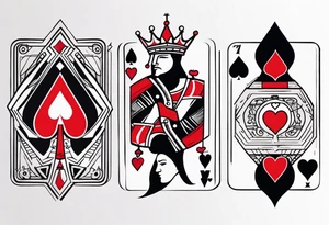 one combined tatto in minimalistic style with icon style three king of spades and icon style one queen of hearts. extreme minimalstic and few lines. much more minimalistic and fewer lines tattoo idea