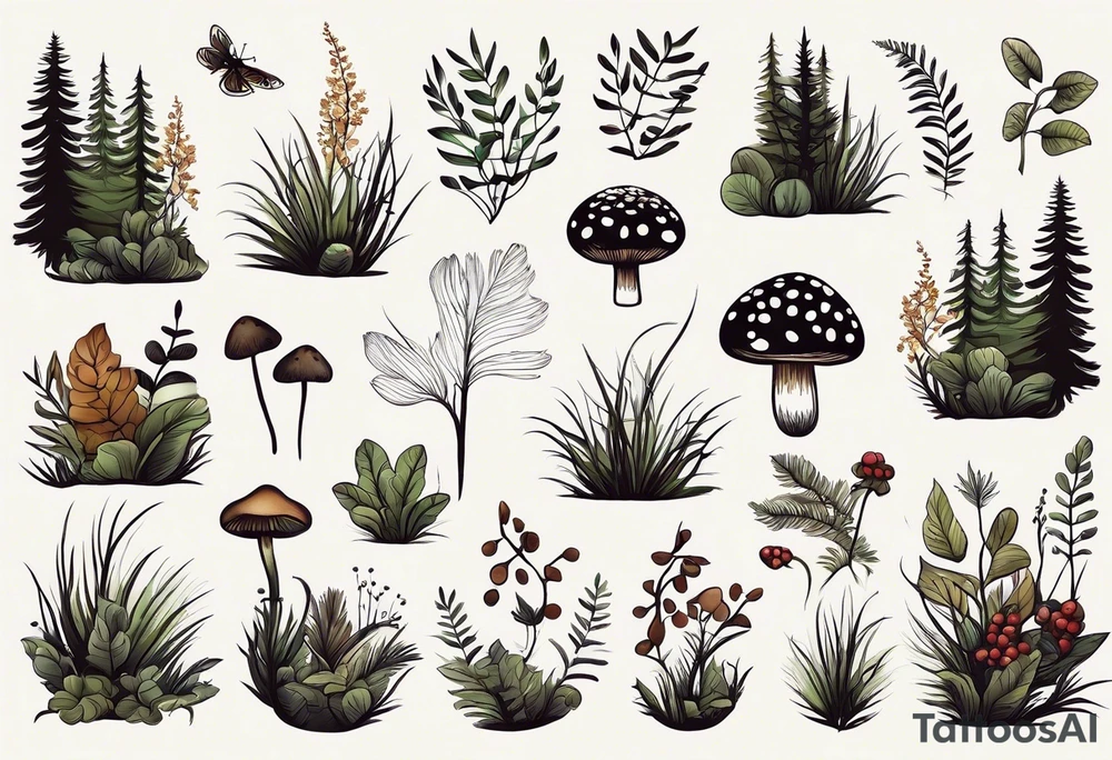 minimalistic forest floor inspired tattoo, which includes grass, moss, curly ferns and dead leaves as the bulk of the tattoo. details to include: forest berries, couple of very small brown mushrooms, a tiny bumblebee flying nearby tattoo idea