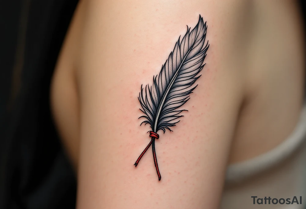 A single eagle feather in gray and black, tied with a red leather strand. tattoo idea