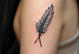 A single eagle feather in gray and black, tied with a red leather strand. tattoo idea