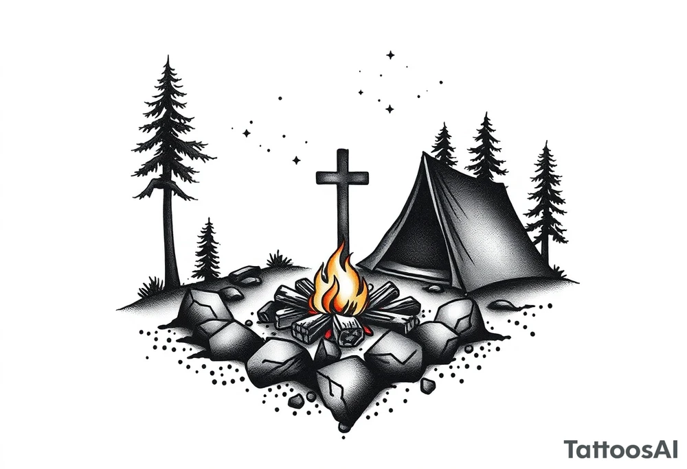 Campsite with a campfire with a cross tattoo idea