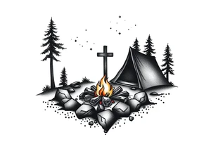Campsite with a campfire with a cross tattoo idea