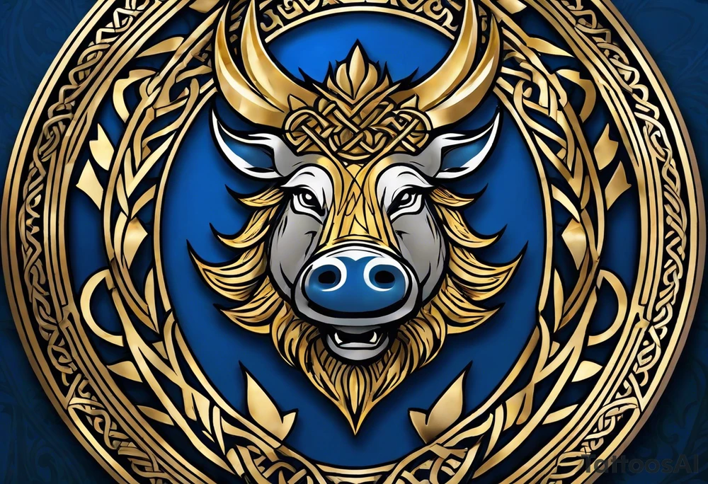 A classic tribal Celtic boar Integrated with a Chatwin, family crest and a Thistle. Simple with few lines. Blue and gold Chevron Chatwin family crest With the name, Chatwin and a Thistle tattoo idea