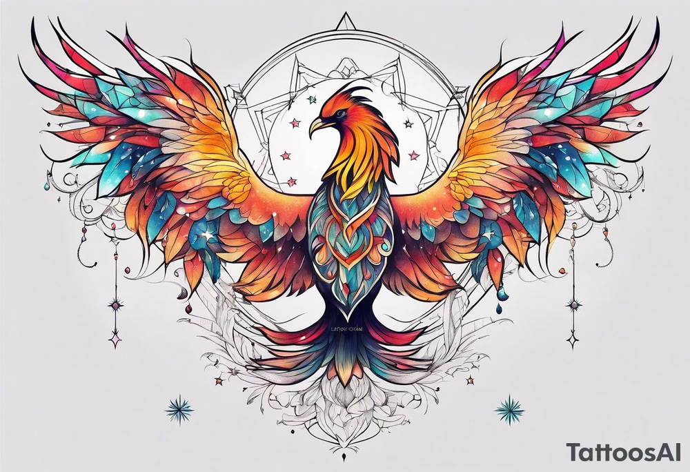 Constellation, animal phoenix , snow , géométric , flower tattoo idea
