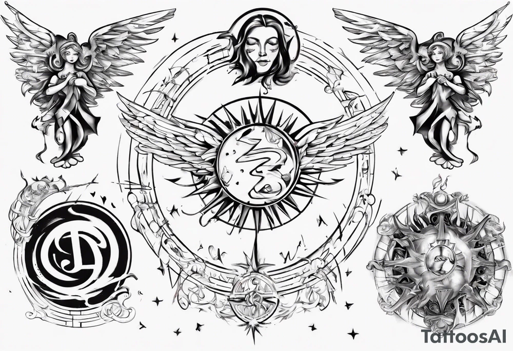 abstraction with sun and letters and angels tattoo idea