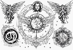 abstraction with sun and letters and angels tattoo idea