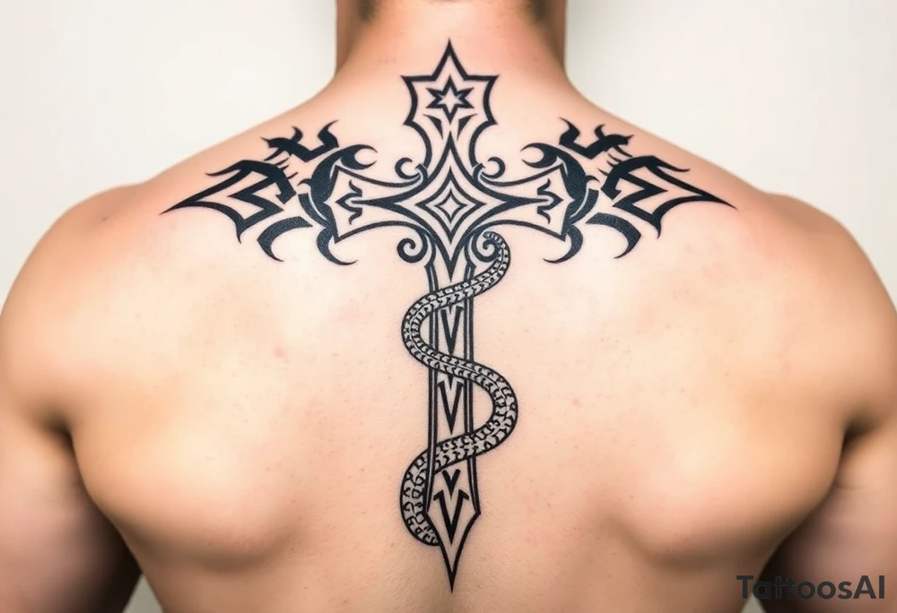 A cross slaying the snake tattoo idea