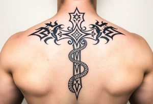 A cross slaying the snake tattoo idea