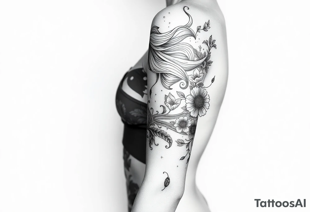 ethereal mermaid with flowing hair among coral and sea flowers tattoo idea