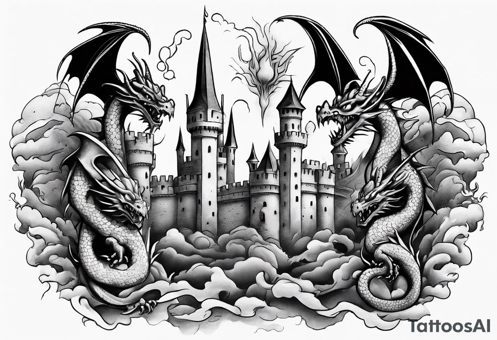 dragons protecting a castle tattoo idea