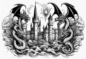 dragons protecting a castle tattoo idea