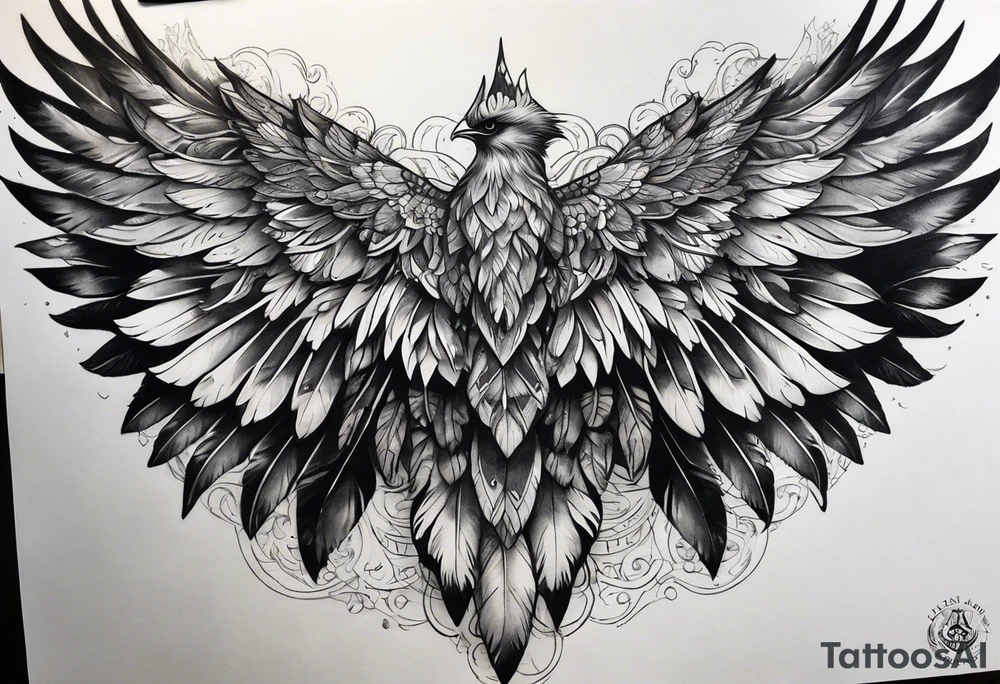 wings tattoo extending from a mens shoulders, covering the upper arms and upper back. The feathers are intricately detailed, with soft shading in black and gray to create depth and texture. tattoo idea
