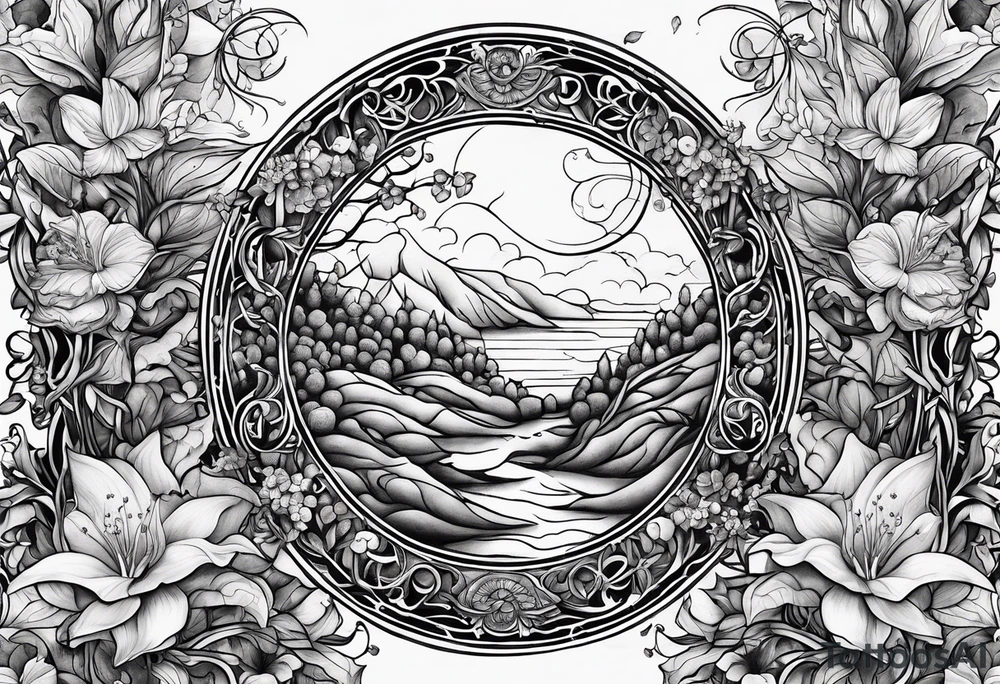 The words, "All the Things. Everywhere." Surrounded by vines and Lilly of the Valley and Larkspur flowers tattoo idea