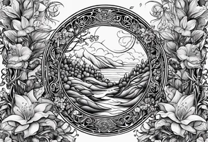 The words, "All the Things. Everywhere." Surrounded by vines and Lilly of the Valley and Larkspur flowers tattoo idea