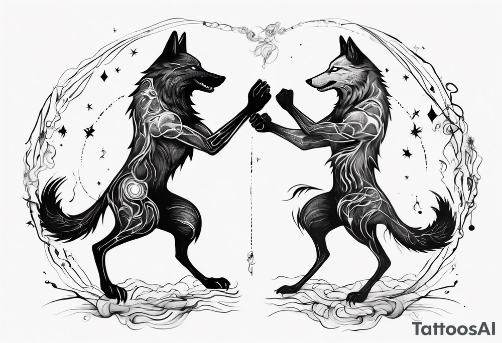 stick figures of two wolves dancing on their hind legs. tattoo idea